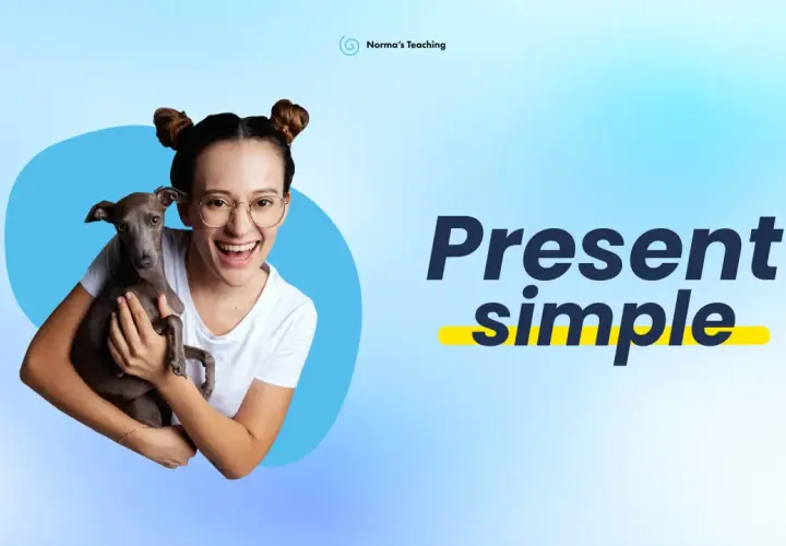 Ragazza sorridente con un levriero. Il testo "Present simple" appare in grande.