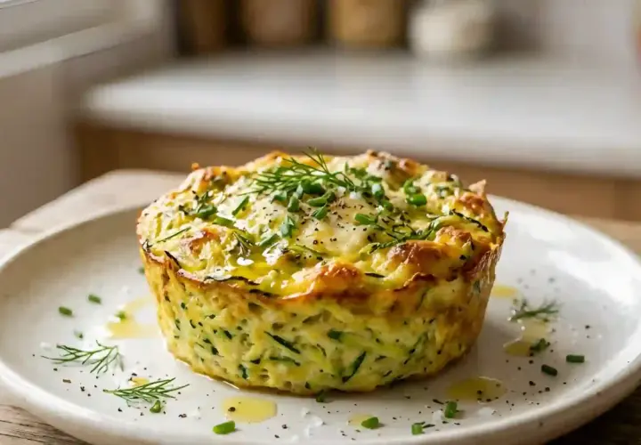 Un délicieux flan de courgettes, doré et garni d'herbes fraîches, servi sur une assiette blanche.