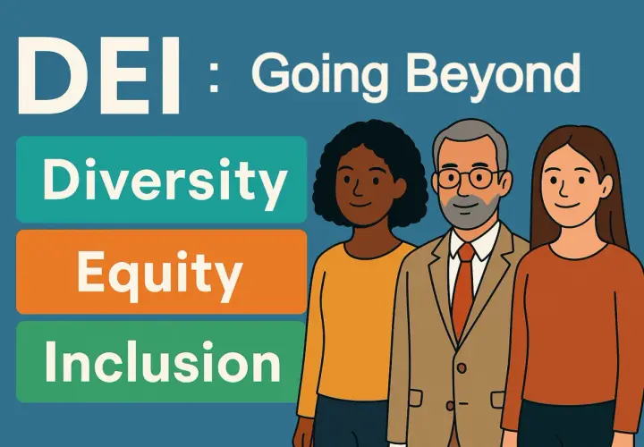 Illustration of three people representing diversity, equity, and inclusion, with text "DEI: Going Beyond".