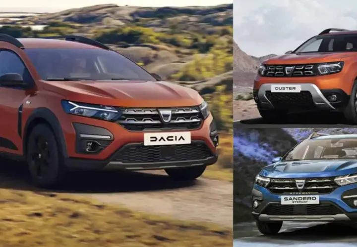 Pomarańczowy Dacia Duster na drodze, obok pomarańczowy Duster i niebieski Sandero Stepway. Dacia Duster prześwit pozwala na jazdę w trudnym terenie.