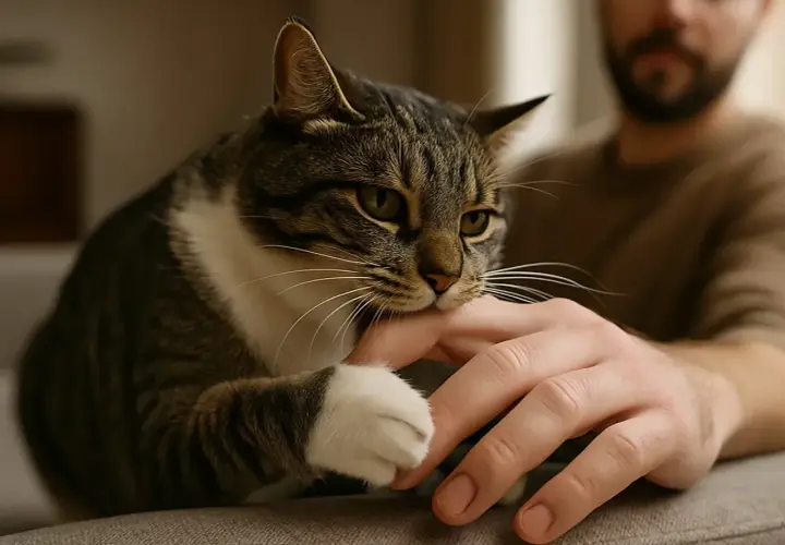 Gato atigrado muerde suavemente la mano de un hombre. Quizás se pregunta porque mi gato me muerde.