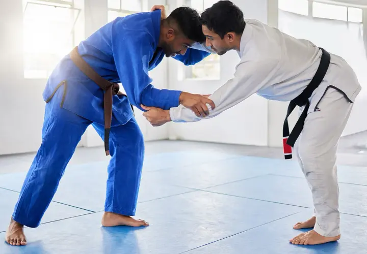 Dwóch mężczyzn w kimonach do BJJ, jeden w niebieskim z brązowym pasem, drugi w białym z czarnym pasem, ćwiczy chwyty na macie.