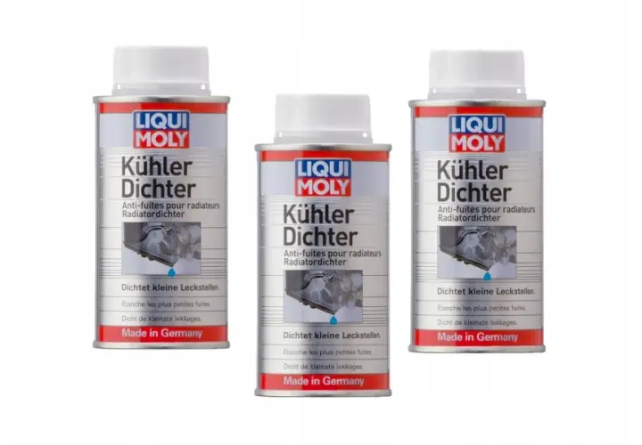 Trzy puszki uszczelniacza do chłodnic Liqui Moly, które skutecznie uszczelniają drobne wycieki w układzie chłodzenia.