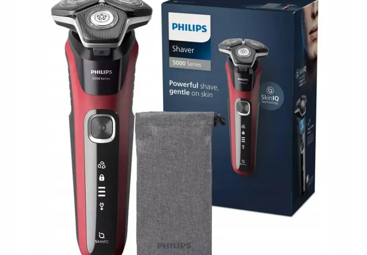 Czerwono-czarna golarka Philips 5000 Series z etui i pudełkiem.