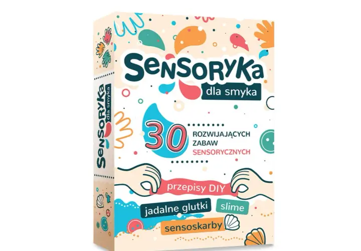 Opakowanie gry "Sensoryka dla smyka" z hasłami "30 rozwijających zabaw sensorycznych", "przepisy DIY", "jadalne glutki", "slime", "sensoskarby".
