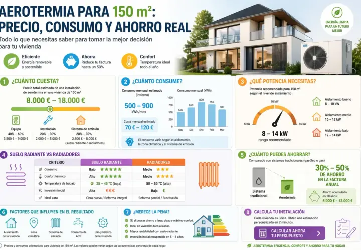 Infografía sobre aerotermia para 150 m², comparando costes, consumo y ahorro. Destaca el suelo radiante como opción eficiente.