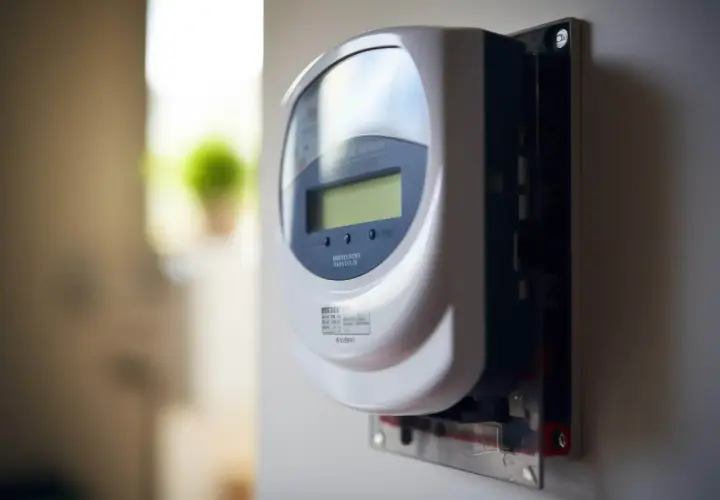 Un medidor inteligente, también conocido como smart meter, instalado en una pared.