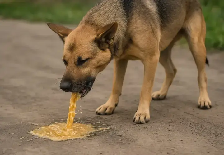 Pies wymiotuje na ziemię. Po takich incydentach warto pomyśleć, co na osłabienie po wymiotach dla psa.