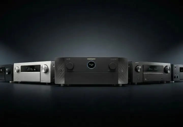 Rząd nowoczesnych amplitunerów kina domowego, w tym Marantz i Denon, gotowych do odtwarzania dźwięku Dolby.