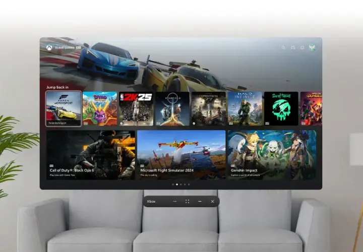 Ekran konsoli Xbox z grami: Forza Motorsport, Spyro, 2K25, Starfield, Halo Infinite, Call of Duty, Microsoft Flight Simulator, Genshin Impact.