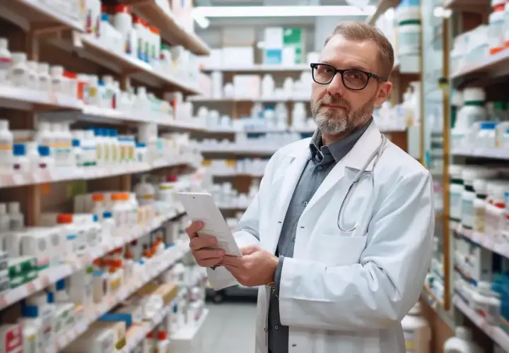 Farmaceuta w okularach przegląda dokumentację, szukając rozwiązań dla problemów z atopowym zapaleniem skóry.