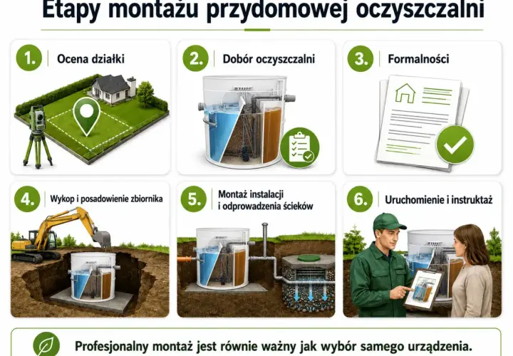Schemat przedstawia etapy budowy przydomowej oczyszczalni ścieków: od oceny działki, przez dobór urządzenia, formalności, wykop, montaż, po uruchomienie i instruktaż.