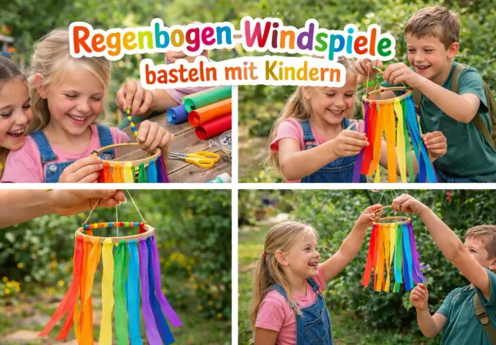 Kinder basteln bunte Regenbogen-Windspiele mit Stoffbändern und Perlen. Ein fröhliches DIY-Projekt für draußen.