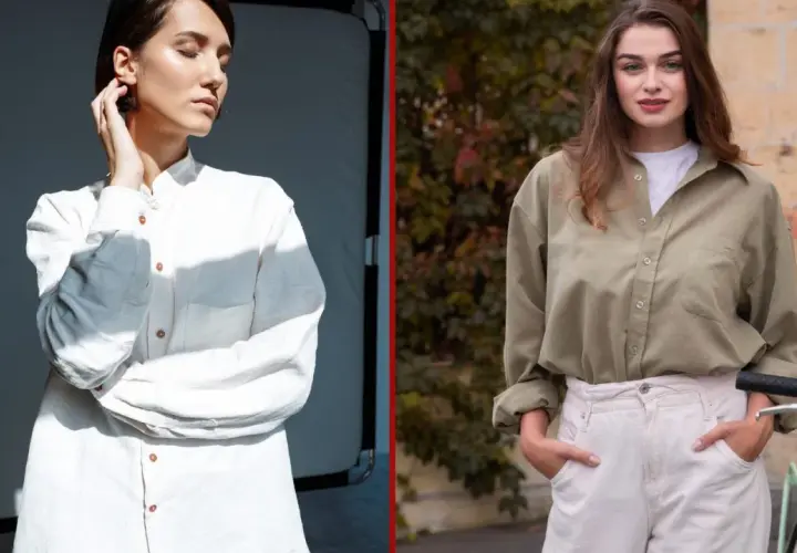 Dwie kobiety prezentują koszule oversize. Jedna w białej, druga w oliwkowej, obie w luźnych stylizacjach.