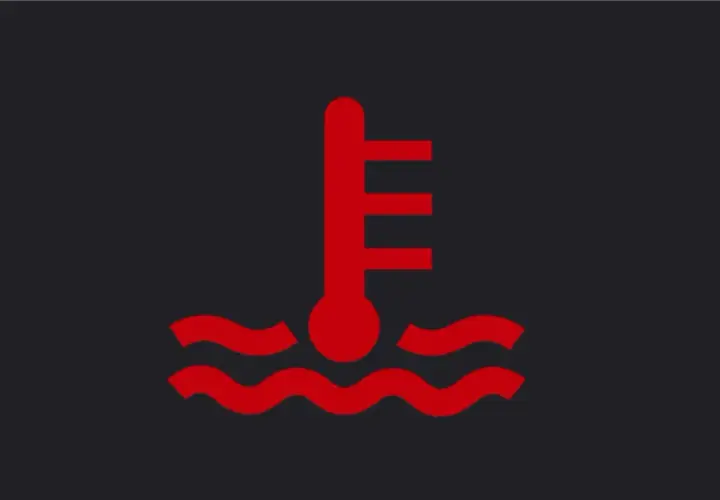 Icono de termómetro rojo sobre olas, indicando nivel refrigerante bajo.