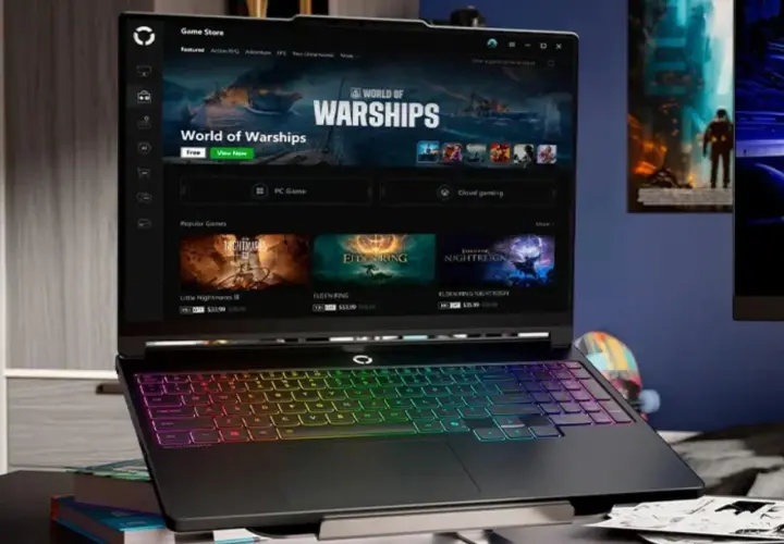 Gaming-Laptop mit beleuchteter Tastatur, zeigt "World of Warships" im Game Store. Ein Intel Panther Lake Prozessor sorgt für flüssiges Gameplay.