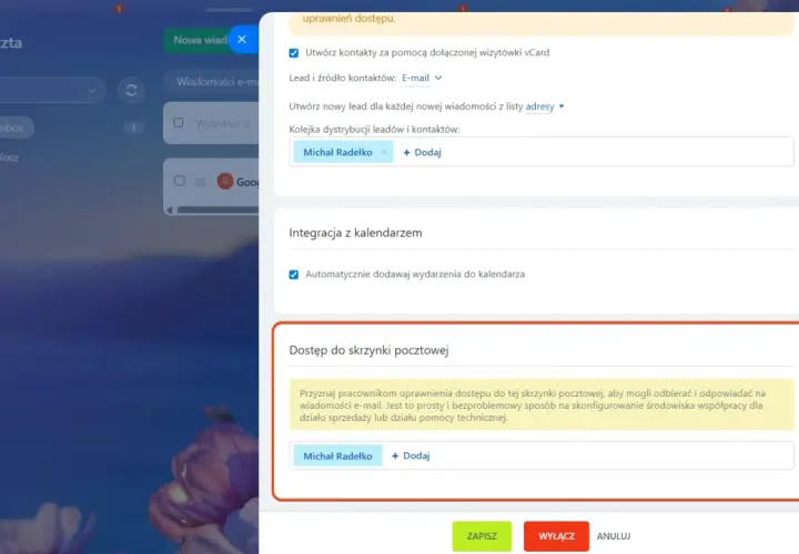 Ustawienia poczty: przekierowanie wiadomości e-mail, integracja z kalendarzem i dostęp do skrzynki pocztowej dla Michała Radełko.