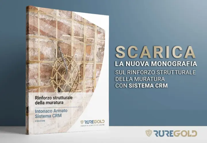 Monografia "Intonaco Armato Sistema CRM" illustra il rinforzo strutturale di murature con dettagli tecnici e immagini esplicative.