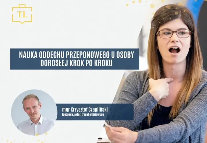 Kobieta demonstruje jak oddychać przeponą, wskazując na gardło. Obok zdjęcie logopedy, aktora, trenera emisji głosu.