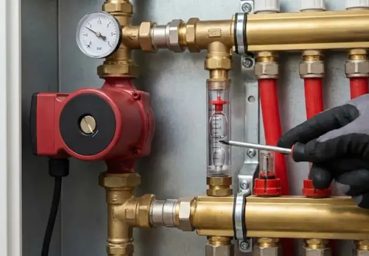 Ręka w rękawicy reguluje przepływ w instalacji grzewczej. Widoczna czerwona pompa i manometr mogą wskazywać na zapowietrzona pompa co objawy.