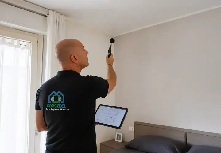 Tecnico con fonometro e tablet esegue una misurazione per la correzione acustica in una stanza da letto.