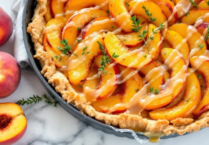 Une délicieuse tarte aux pêches, garnie de tranches de pêches juteuses, d'un glaçage crémeux et de quelques brins de thym frais.