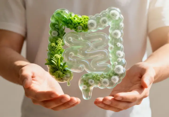 Mani che sorreggono un intestino stilizzato, verde e rigoglioso, simbolo di salute e benessere, suggerendo una **candida intestinale cura definitiva**.