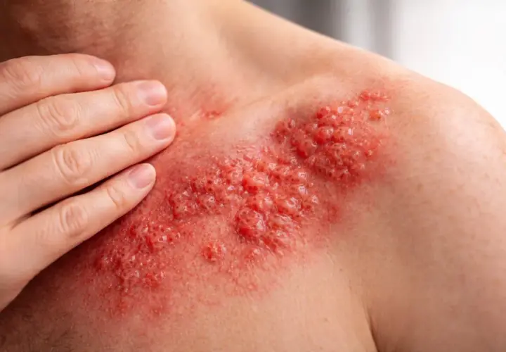 Eruzione cutanea rossa e vescicolare sul petto, che ricorda il fuoco di Sant'Antonio. Si cercano rimedi per alleviare il prurito e il dolore.