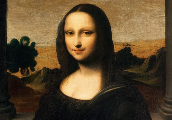 Das berühmte Mona Lisa Bild Original von Leonardo da Vinci zeigt eine Frau mit geheimnisvollem Lächeln vor einer Landschaft.