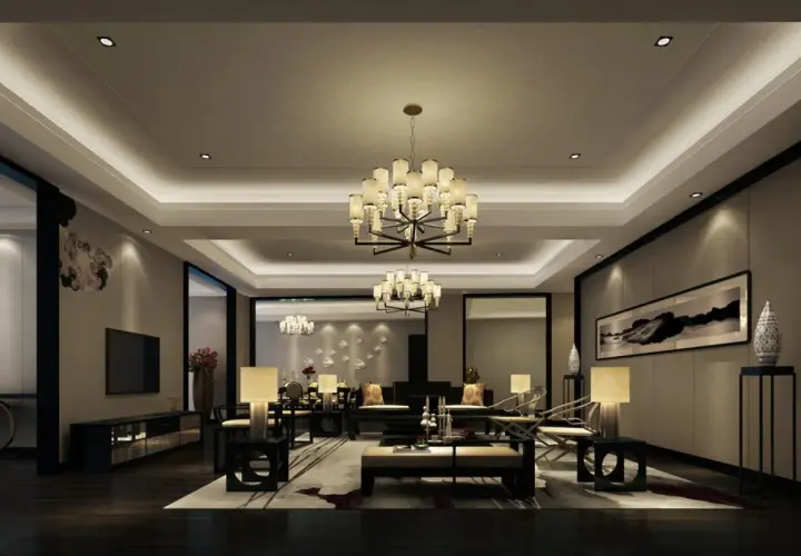 Eleganckie wnętrze z różnymi rodzajami lamp: żyrandolami, kinkietami i lampami stołowymi, tworzącymi przytulną atmosferę.