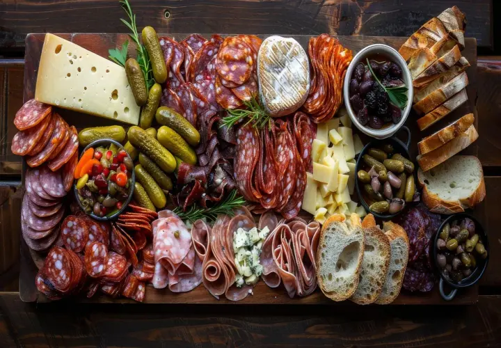 Plateau garni de charcuteries variées, fromages, cornichons, olives et pains grillés. Idéal pour savoir quoi manger avec de la charcuterie.