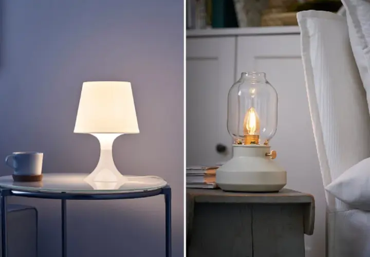 Dos lámparas de mesa blancas iluminan rincones acogedores. Una moderna sobre una mesa de cristal, la otra, de estilo vintage, junto a cojines blancos.