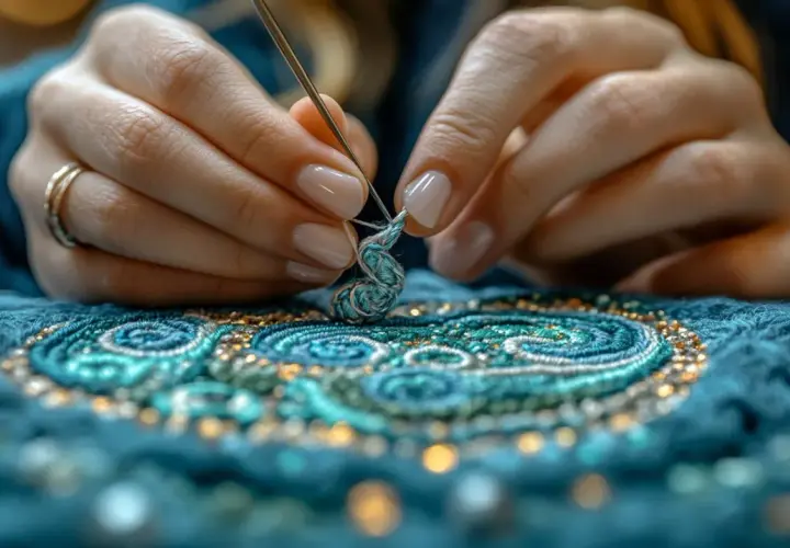Mains délicates travaillant une broderie complexe. Un projet de broderie prénom facile prend forme avec des fils bleus et dorés.