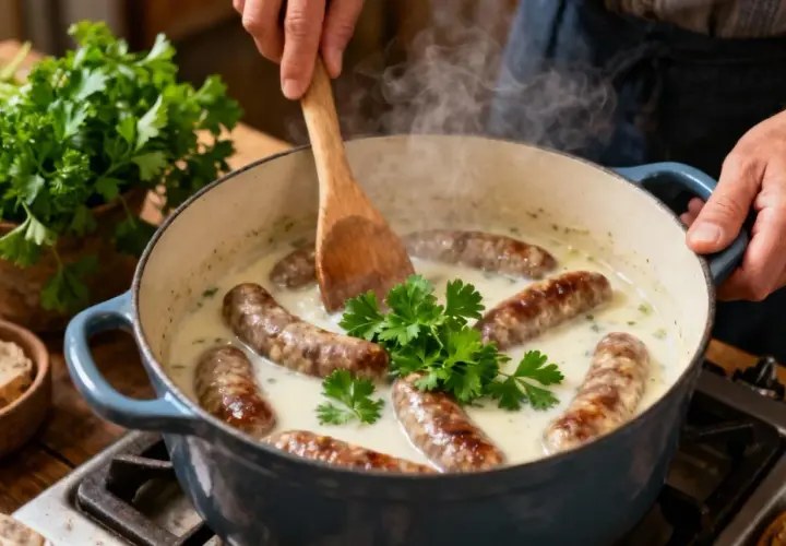 Saucisses dorées mijotant dans une sauce crémeuse au vin blanc, garnies de persil frais. Un délice fumant prêt à être dégusté.