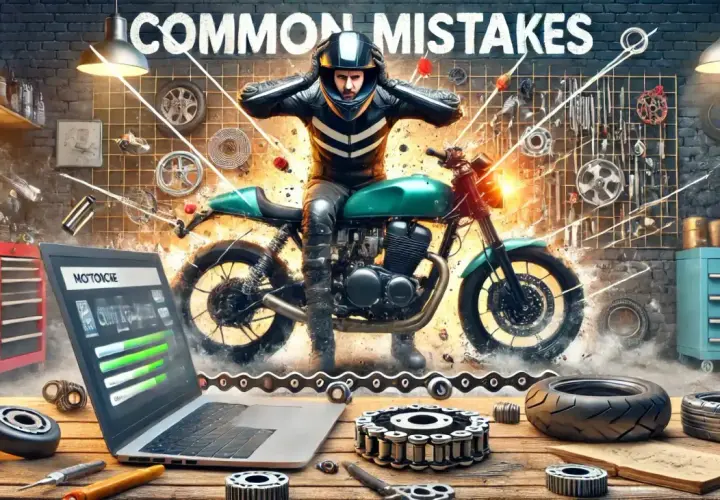 Motociclista in officina, circondato da pezzi di ricambio e attrezzi. Sullo schermo del laptop, un elenco di "Common Mistakes" e un codice OEM.