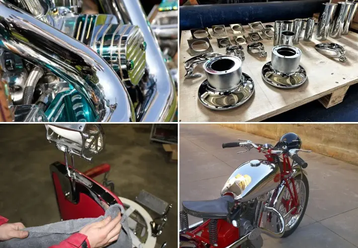 Parti cromate di moto e sedie da barbiere, pronte per lucidare cromature ossidate e farle brillare.