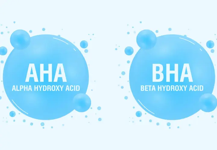 Dwa bąbelki z napisem AHA (Alpha Hydroxy Acid) i BHA (Beta Hydroxy Acid).