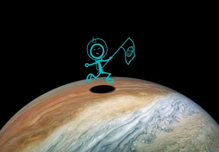 Rysunkowy astronauta biegnie po Jowiszu, niosąc flagę. Nawet przy ekstremalnej jowisz temperatura, jego cień jest wyraźny.