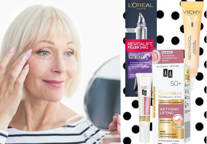 Kobieta aplikuje krem pod oczy, szukając rozwiązania na wory. Obok kosmetyki L'Oréal, Vichy i AA.