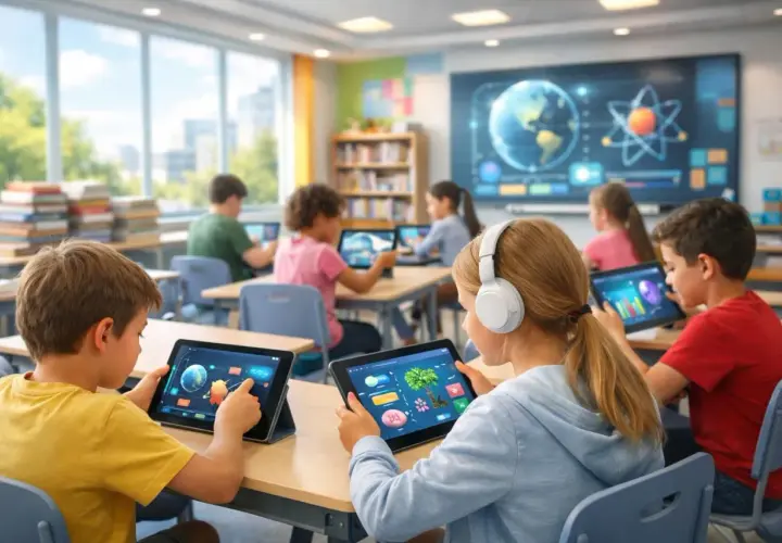 Kinder lernen mit Tablets im Unterricht. Auf den Bildschirmen sind bunte Grafiken und Bilder zu sehen, die das Wissen vermitteln.