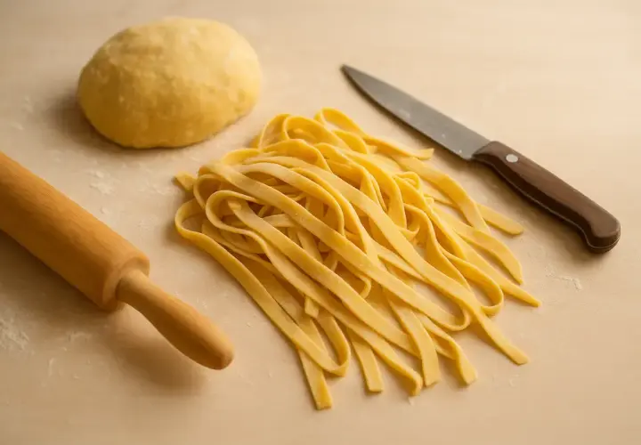 Masa de harina lista para hacer pasta fresca, junto a un rodillo y un cuchillo.