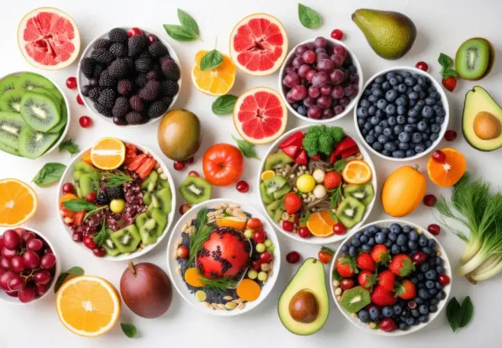 Kolorowe misy z owocami: kiwi, jagody, truskawki, winogrona, maliny, pomarańcze, awokado, mango. Tak ładnie podać owoce to sztuka!