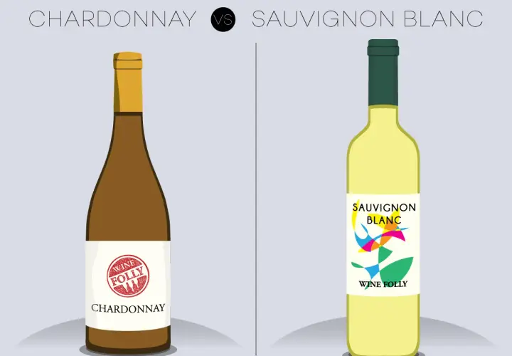 Ilustracja porównuje butelki Chardonnay i Sauvignon Blanc, podkreślając różnicę między szczepem Chardonnay a Sauvignon Blanc w aromacie.