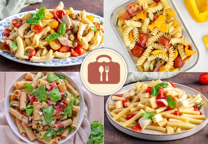 Quattro idee di pasta fredda da portare a lavoro: con tonno, verdure, rucola e pomodorini, o con mozzarella e basilico.
