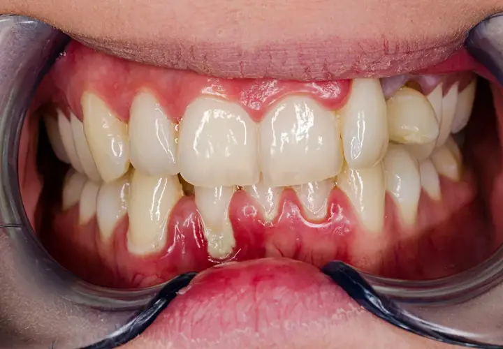 Enfermedad periodontal avanzada con inflamación y sangrado en la encía. Se observa una herida encía con acumulación de placa.