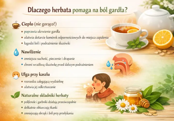 Herbata łagodzi ból gardła, nawilża i pomaga przy kaszlu. Nie wysusza gardła, a wręcz przeciwnie, przynosi ulgę.