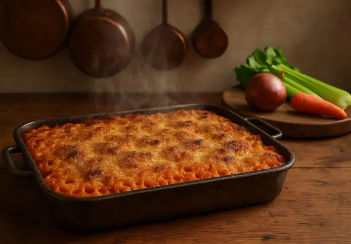Un tegame di anelletti alla palermitana fumanti, con crosticina dorata, su un tavolo di legno. Sullo sfondo, utensili da cucina in rame e verdure fresche.