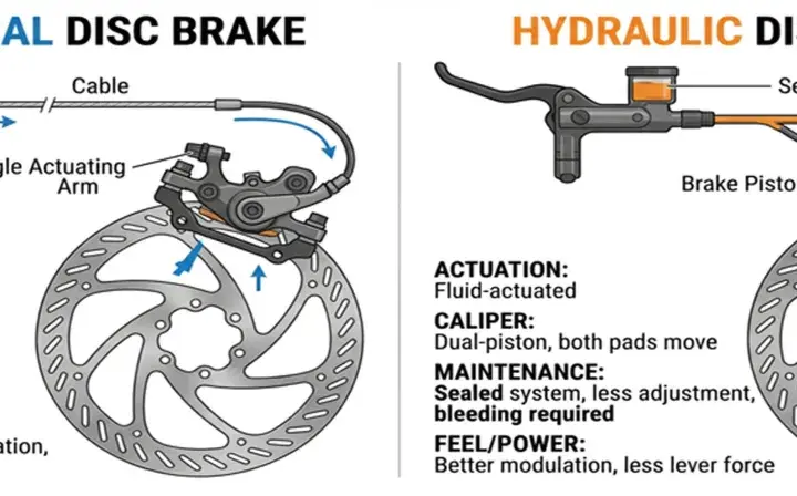Diagrams compare mechanical and hydraulic disc brakes. Hydraulic fluid is not compressible, enabling better modulation and less lever force.