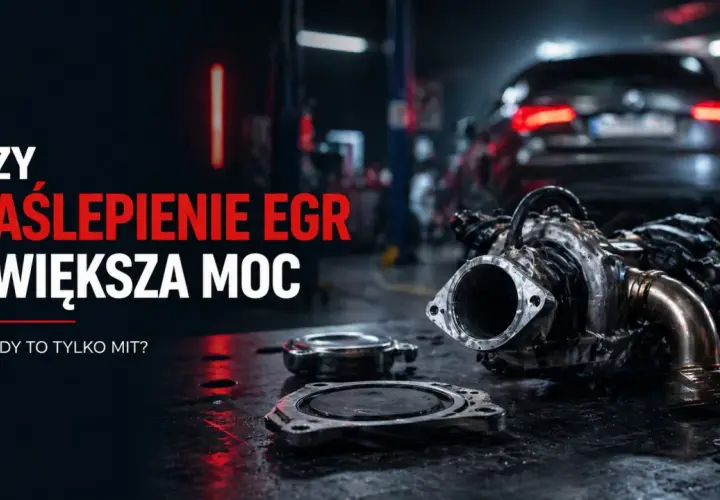 Czy zaślepienie EGR zwiększa moc? Turbosprężarka i elementy silnika na stole warsztatowym, w tle auto.