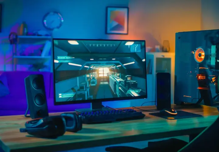 Bureau de jeu avec PC puissant, écran affichant un jeu vidéo, clavier, souris et casque. Ambiance lumineuse, parfait pour config windows 11.